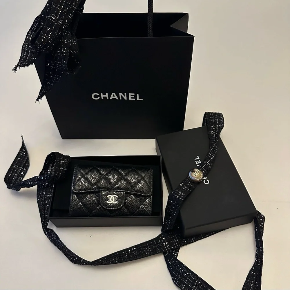 CHANEL Black Quilted Caviar Leather Mini Wallet with Silver CC
